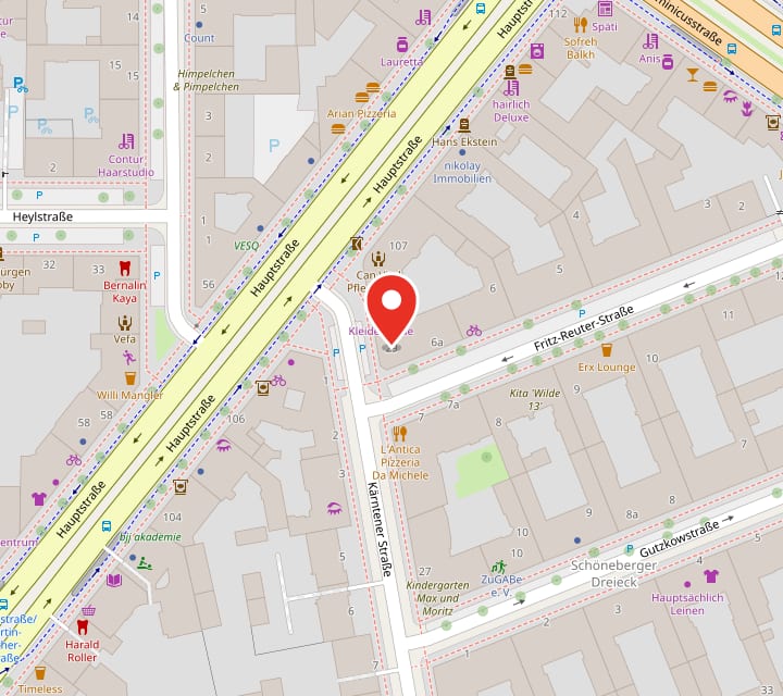 Map section: the family day care is at Kärntener Straße 29, near Hauptstraße in Berlin-Schöneberg, between the stations Schöneberg and Innsbrucker Platz.